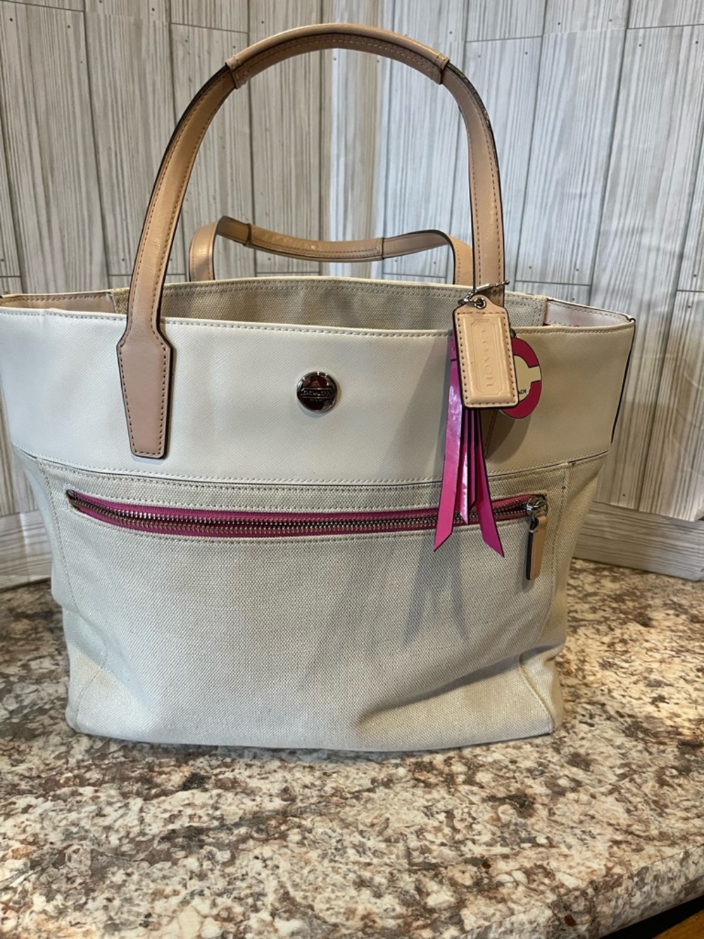 Coach Cream Tote with Pink Trim and Tan Handles